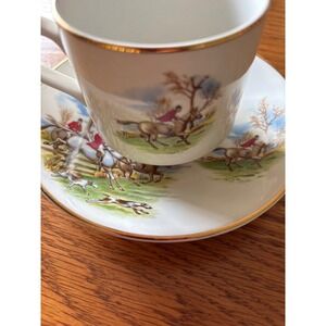 Arklow Porcelain Cup and Saucer Set Hunting Scene Gold Rim Made in Ireland